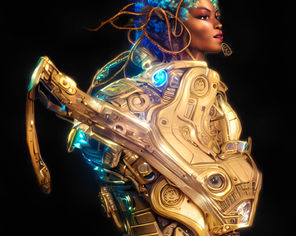 Futuristic warrior woman with blue hair in cybernetic armor