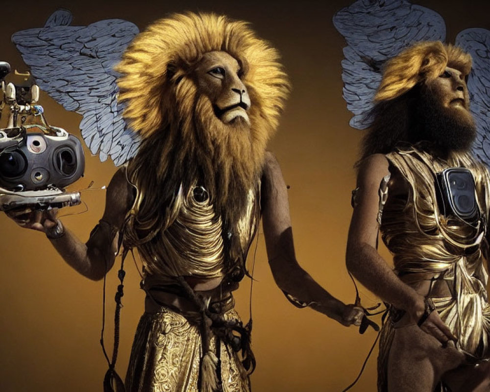 Surreal image of lion-headed figures with wings on ochre backdrop