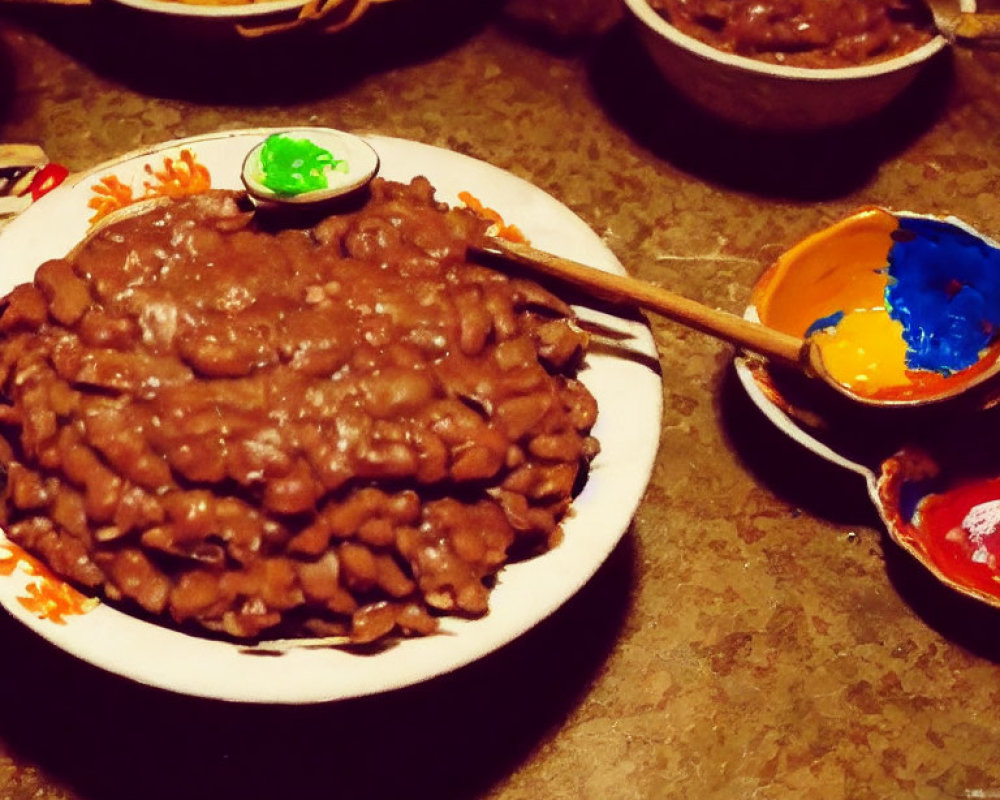 Plate of Refried Beans with Cheese and Salsa on Rustic Table