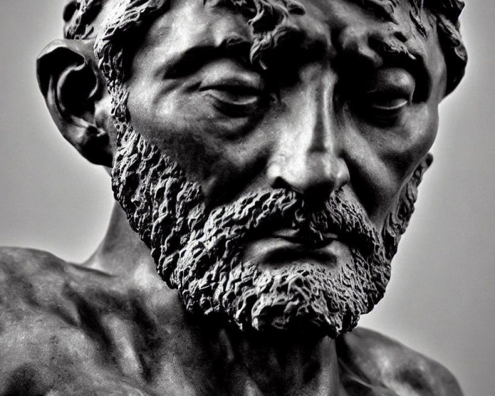 Detailed monochrome sculpture of a bearded man with expressive eyes and furrowed brows capturing a p