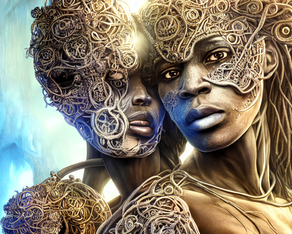 Intricate mechanical and organic faces blend technology with humanity