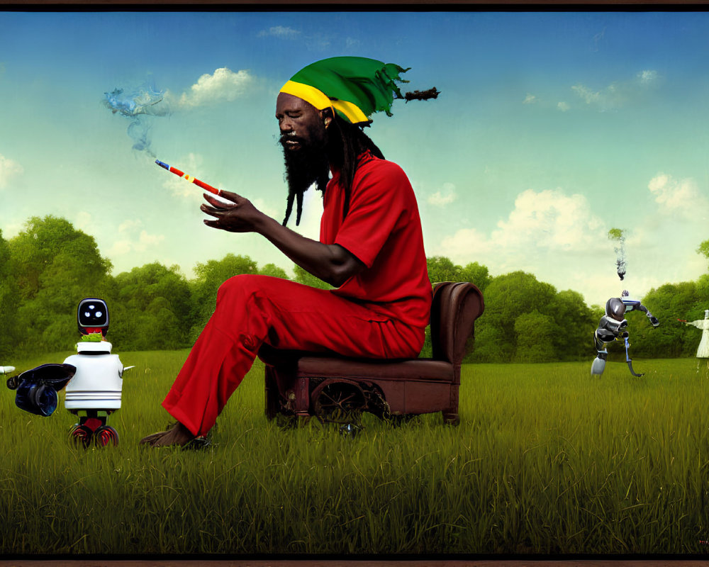 Man in red outfit with rastacap smokes on sofa in field with futuristic robots and drone