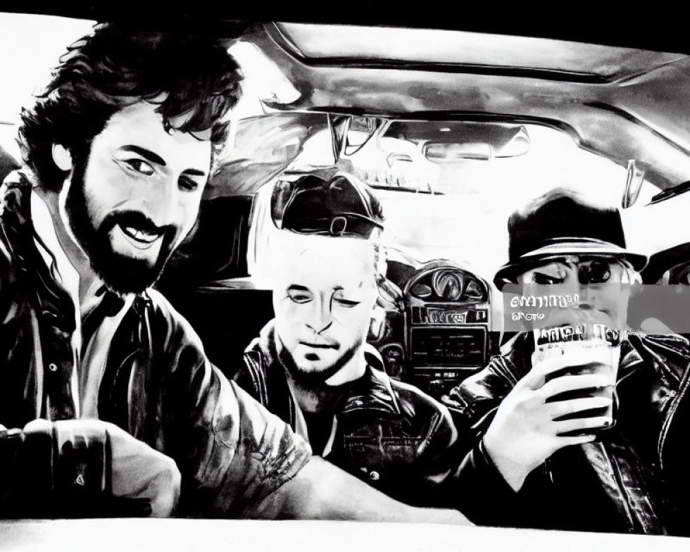 Monochrome image of three men in car, one holding cup