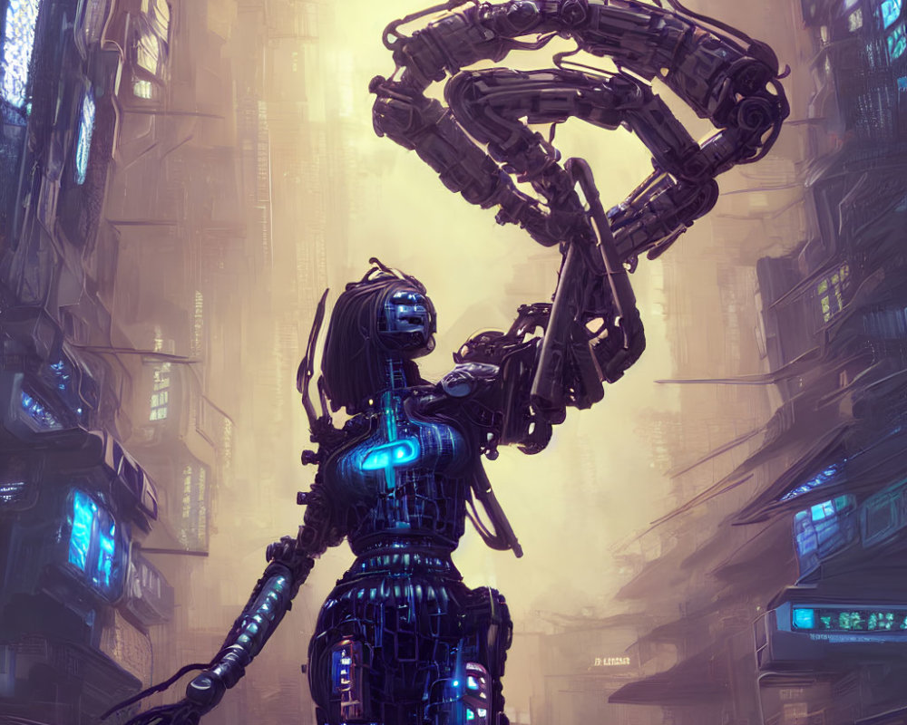 Futuristic robot with glowing blue accents in urban setting