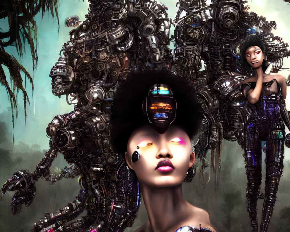 Futuristic image of two female figures with cybernetic enhancements