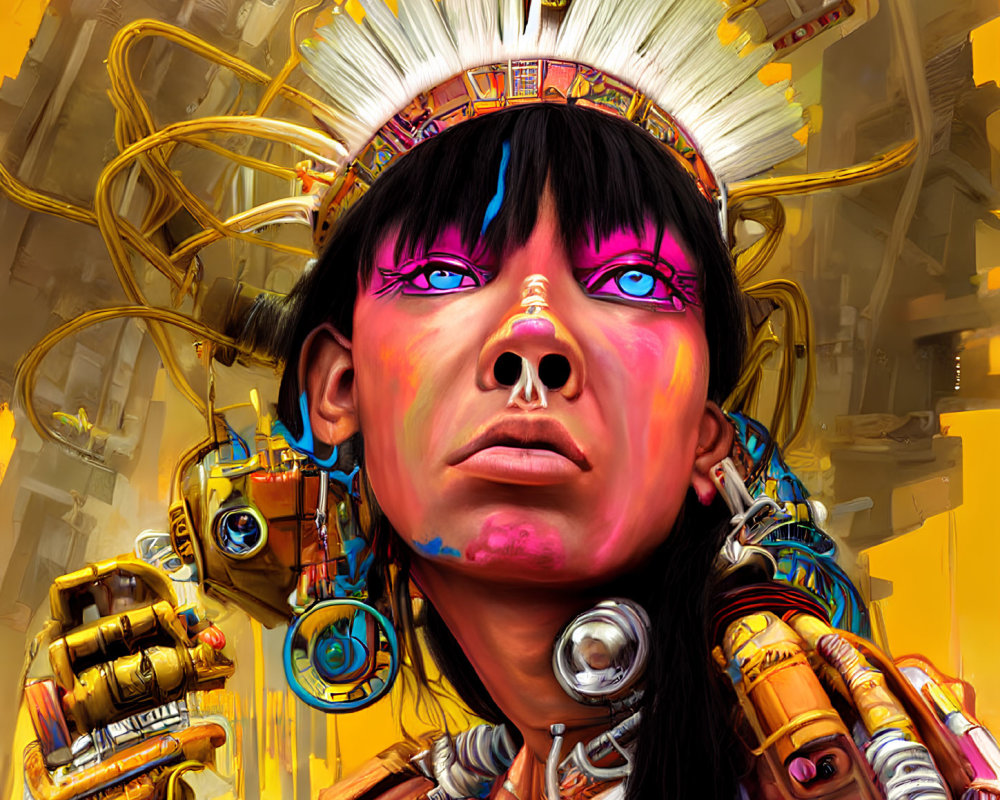 Futuristic individual with indigenous headdress and robotic arms on abstract background