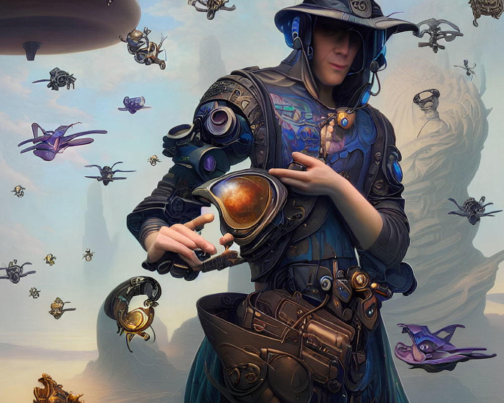 Futuristic steampunk figure with spherical device among flying mechanical fish