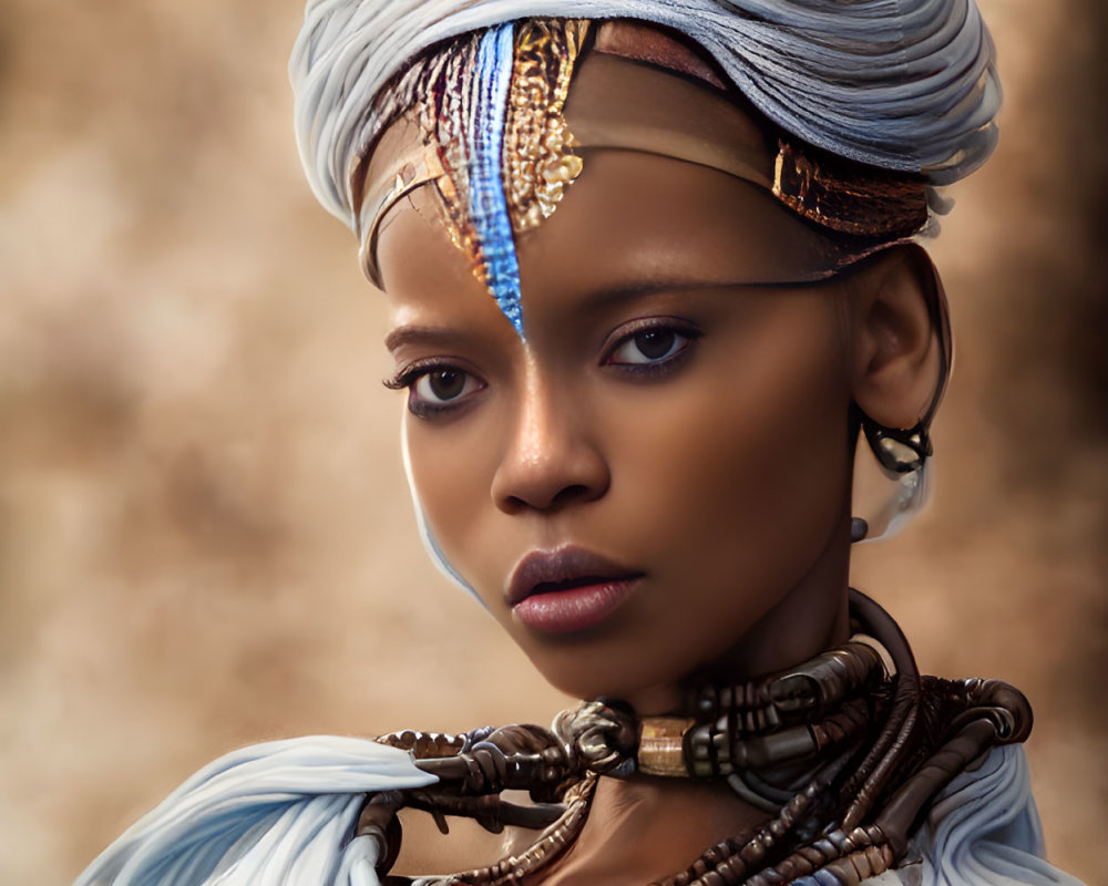 Portrait of woman with tribal headgear, white turban, beads, and pensive expression