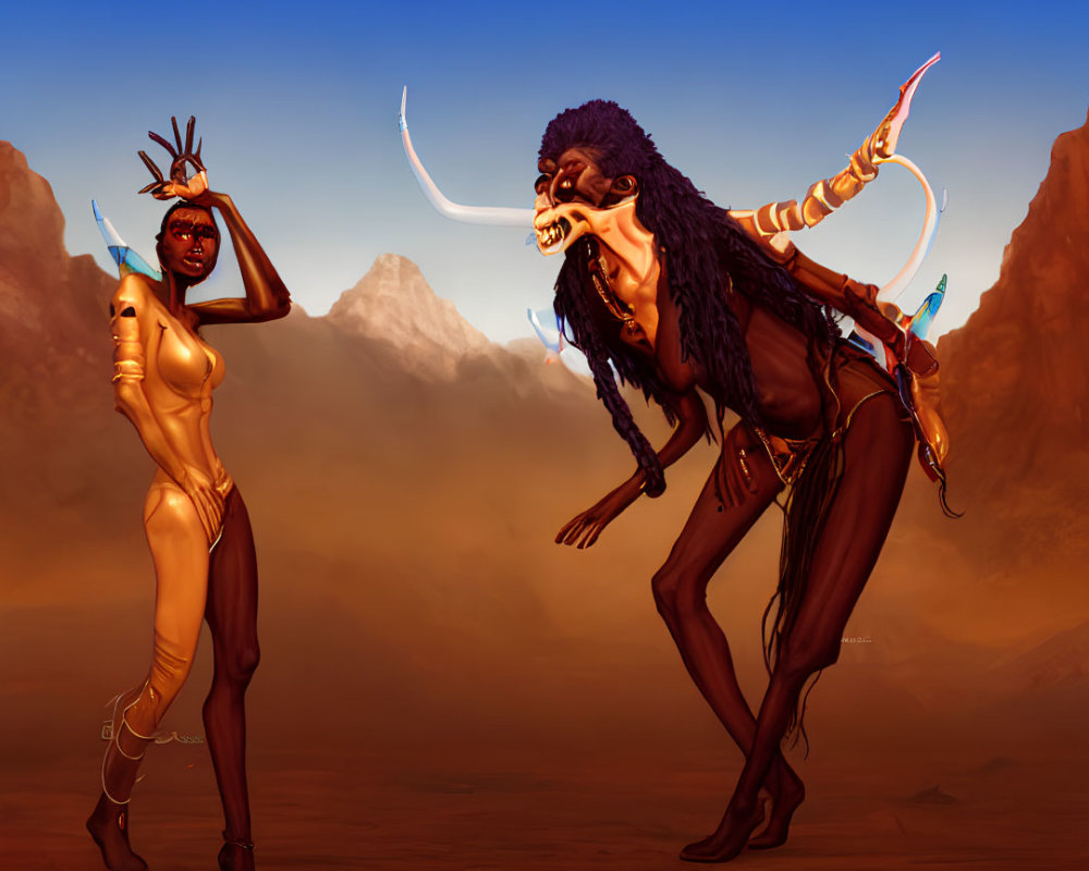 Stylized female characters in desert: one golden, robotic; other dark, monstrous with horns,