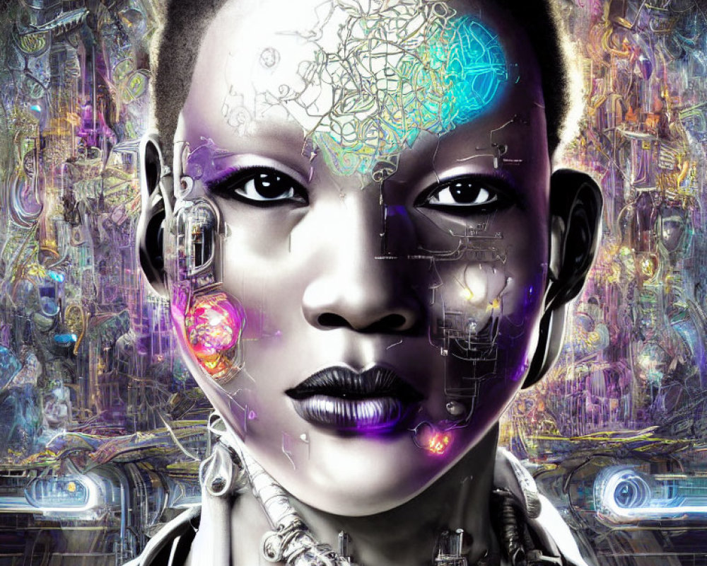 Digital artwork: Woman with half cyborg face, vibrant mechanical details.