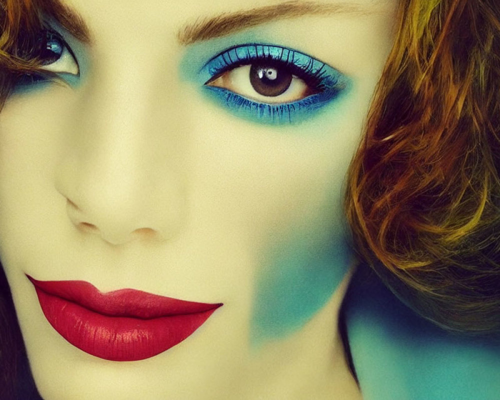 Close-Up Portrait of Woman with Blue Eyeshadow, Auburn Hair, and Red Lips