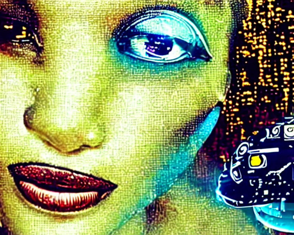 Vibrant digital artwork featuring face in blue and gold tones with binary code and spaceship graphic