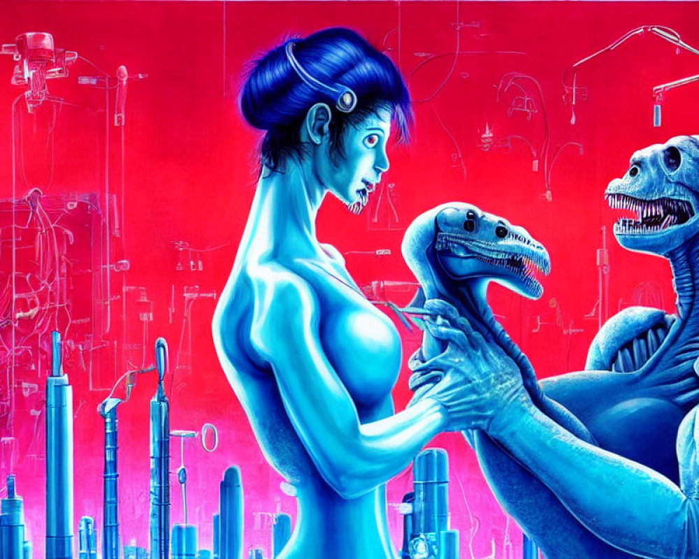 Blue-skinned woman confronts robotic dinosaur in futuristic cityscape