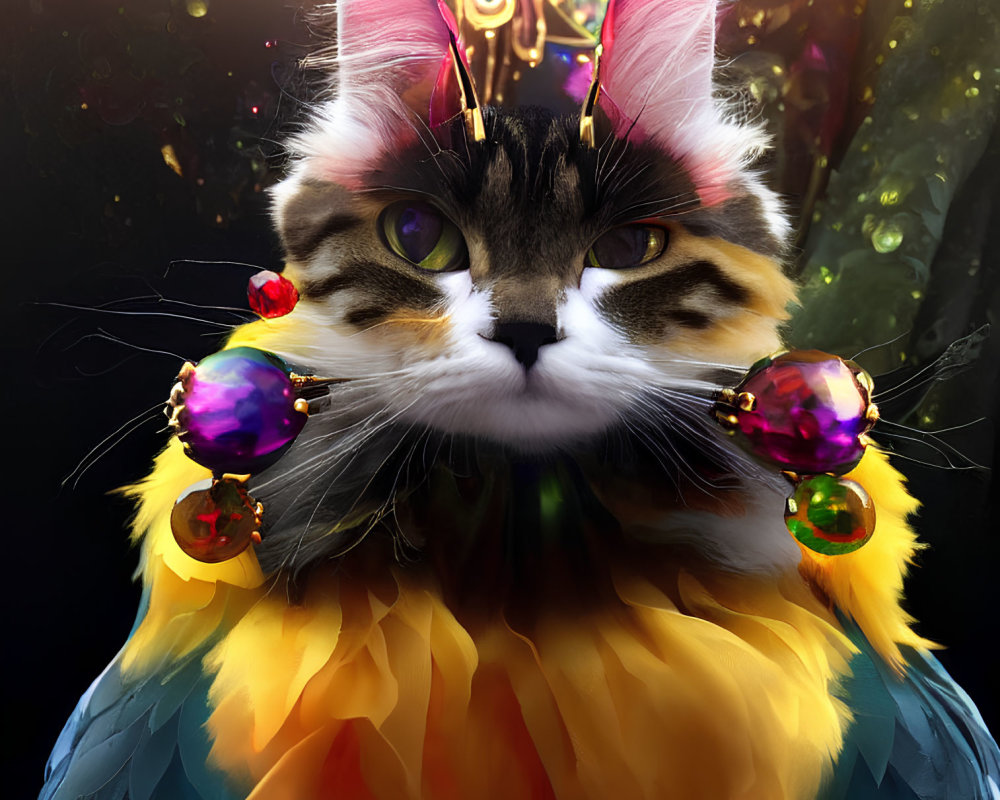 Green-eyed cat adorned with colorful feathers and jewels on dark mystical background