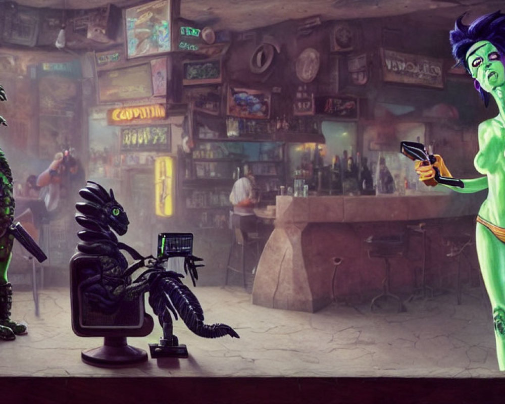 Vibrant futuristic alien bar scene with eclectic decor and alien bartender serving a drink to seated armored creature