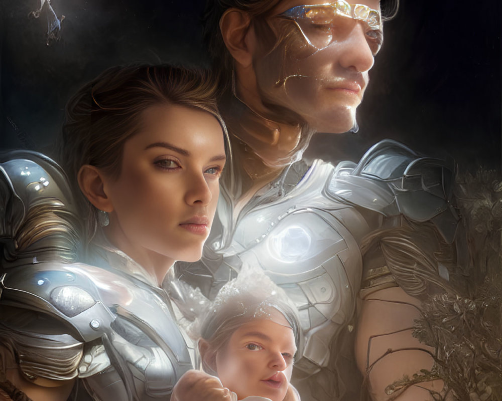 Futuristic family in high-tech armor against cosmic backdrop