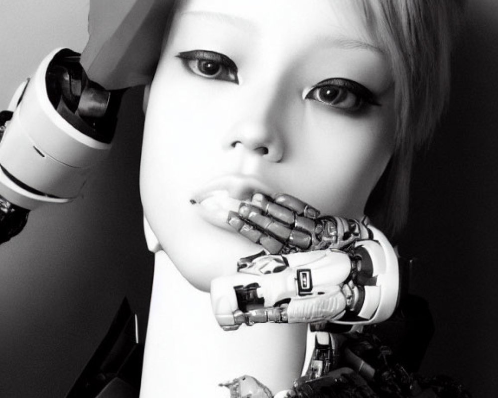 Female robot with human-like face and robotic arms in monochrome.