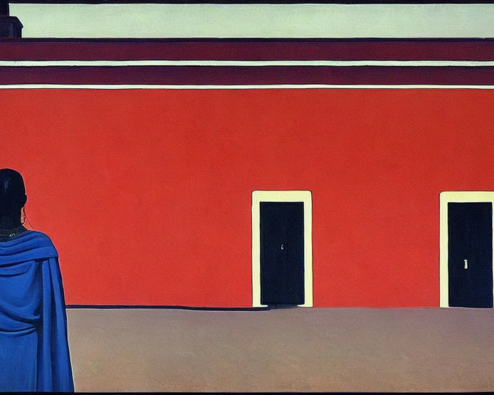 Person in Blue Cape Standing Before Red Wall with Two White Doors