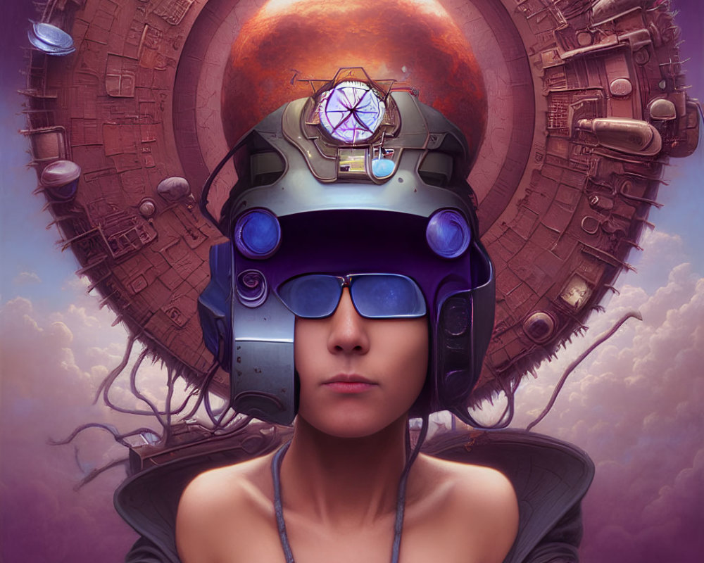 Futuristic headgear-wearing person against red planet backdrop