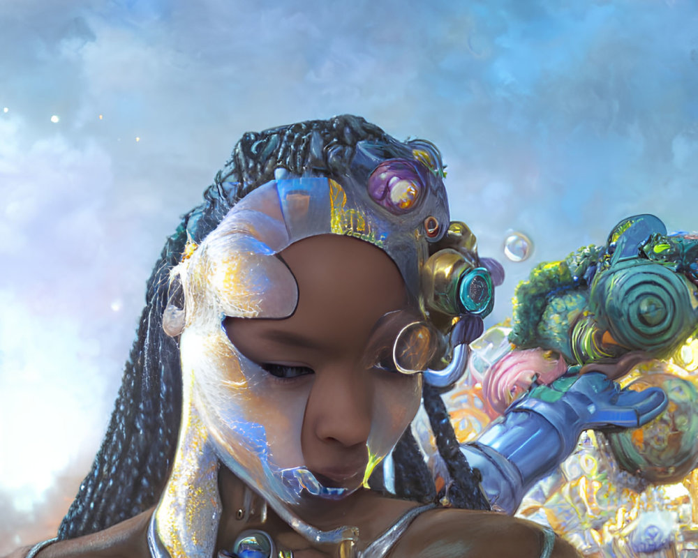 Futuristic female figure with metallic skin and braided hair in cosmic setting