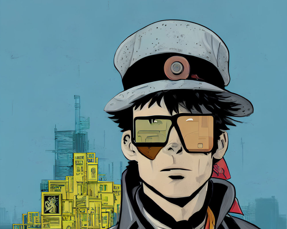 Stylized illustration of man with hat and glasses, city skyline, and yellow containers.