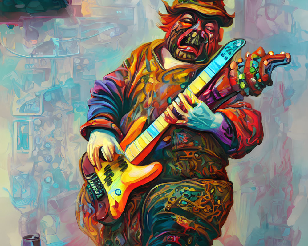 Colorful Illustration of Figure Playing Electric Guitar in Vibrant Cityscape