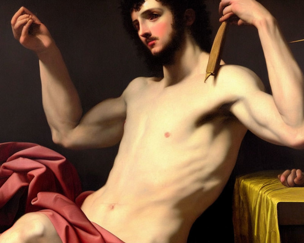 Classical painting of contemplative man with arrow, golden surface, and red drape