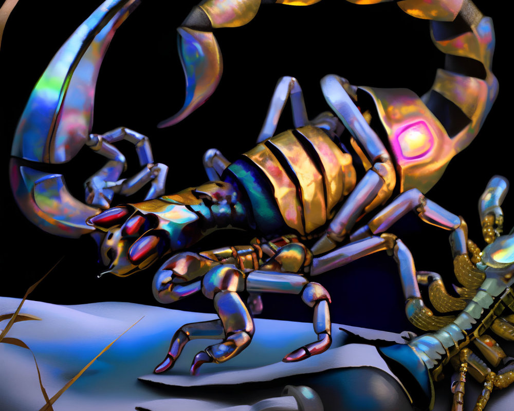 Metallic scorpion with glowing eyes next to skeleton under dramatic lighting