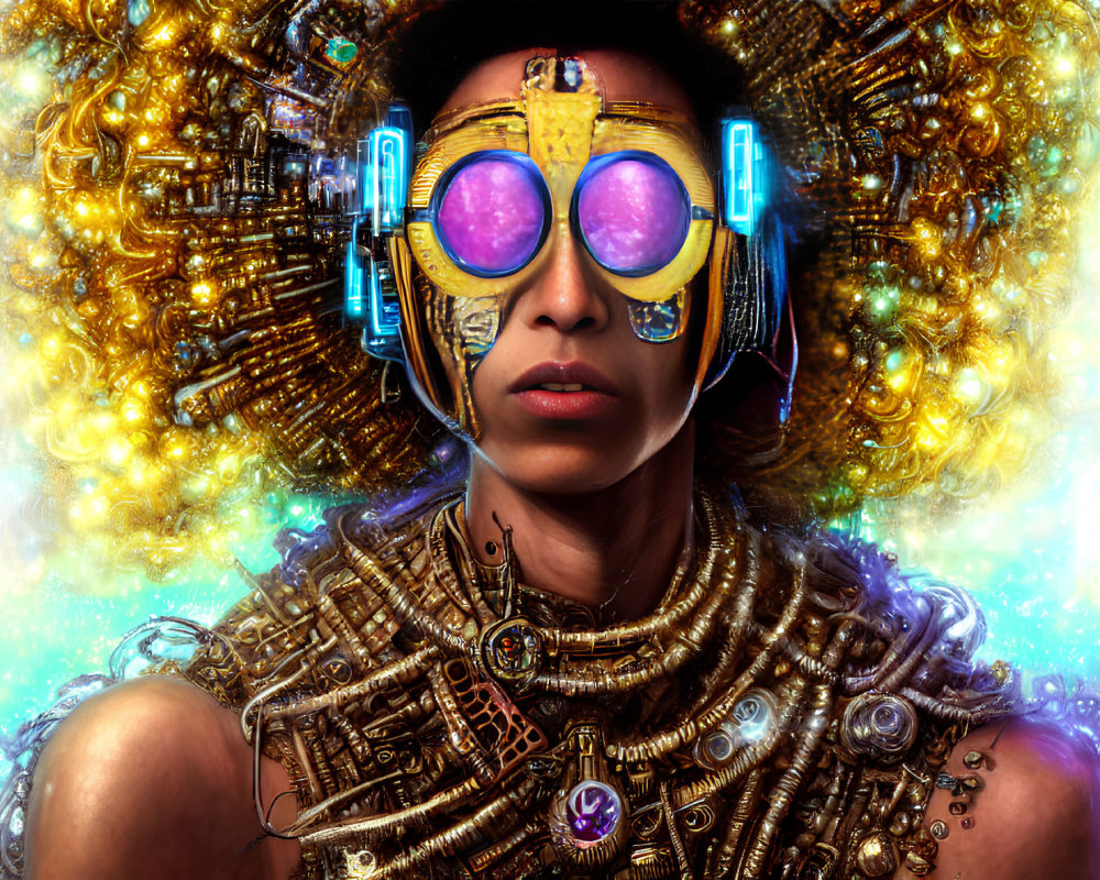 Futuristic goggles and golden jewelry with intricate mechanical detail on luminous backdrop