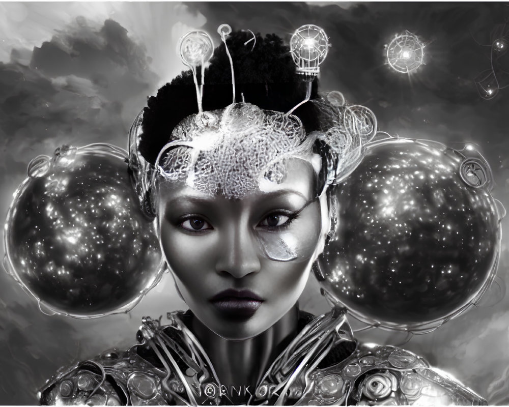 Monochrome artistic depiction of woman with futuristic headdress against cloudy sky