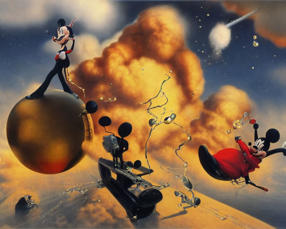 Exaggerated animated characters in surreal landscape with bomb and music elements