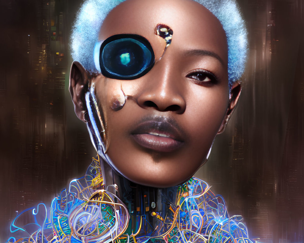 Futuristic cyborg woman with metallic neck and mechanical eye