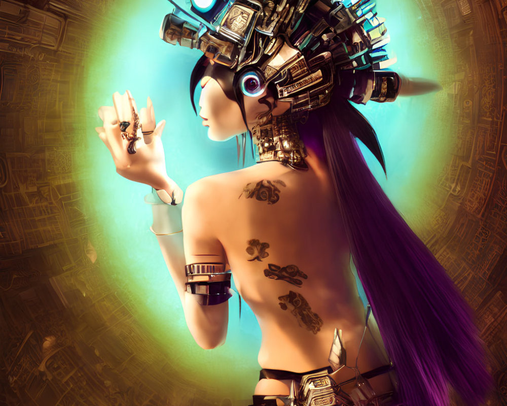 Female cyborg with purple hair and tattoos in futuristic setting.