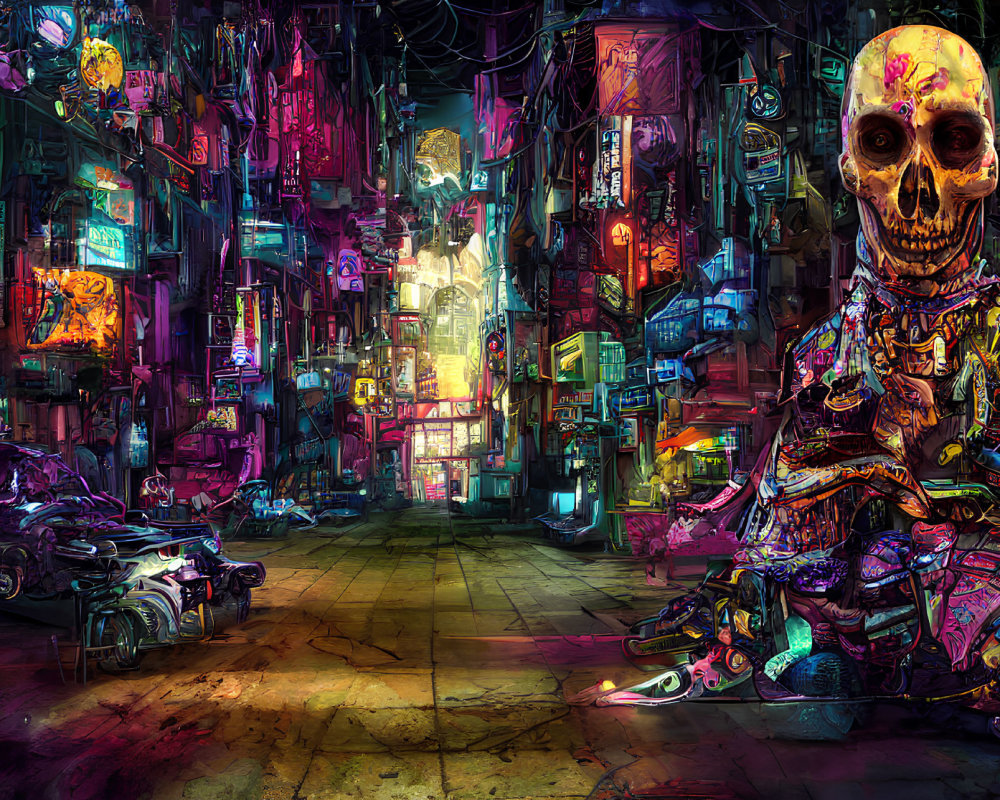 Futuristic cyberpunk street with neon signs and stylized skull