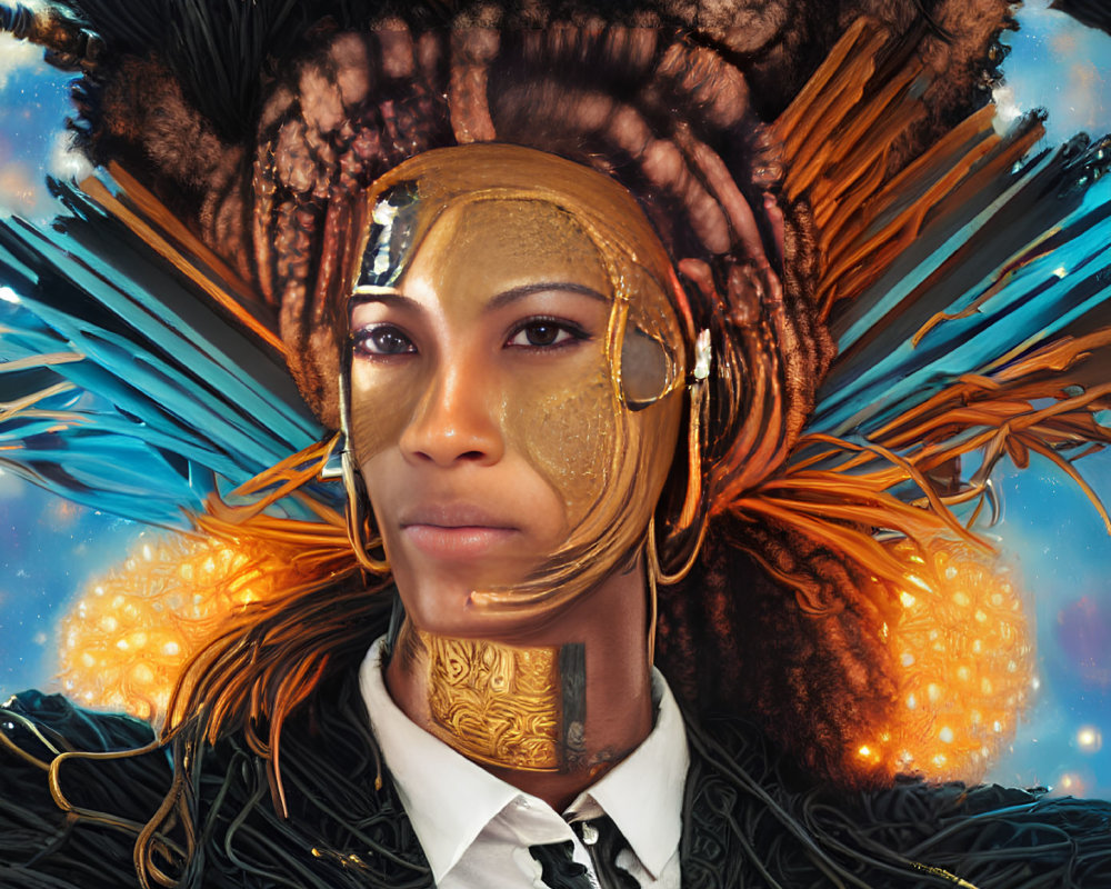 Futuristic portrait with gold facial decorations and glowing orbs on starry backdrop