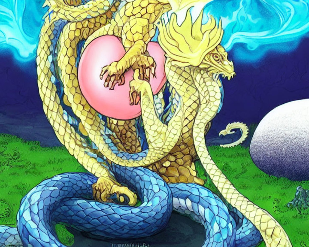 Vibrant golden dragon with blue scales holding pink orb on grassy field