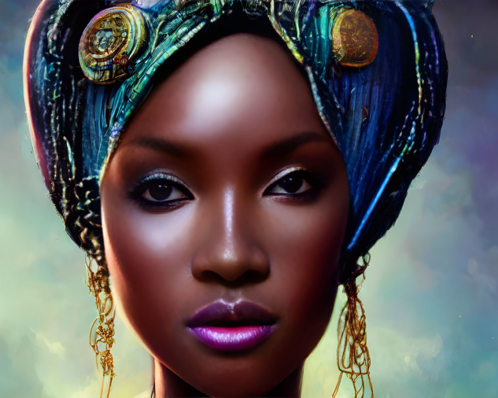 Colorful headwrap and striking makeup on regal woman with metallic ornaments.