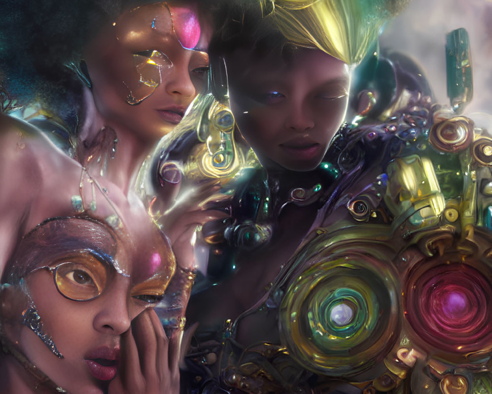 Three individuals in golden headpieces and ornate accessories, glowing with a mechanical aura.