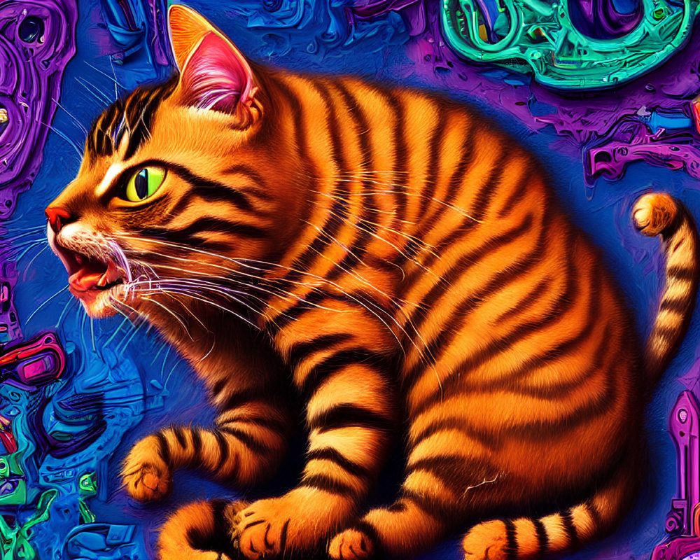 Colorful digital artwork: Orange striped cat on abstract background with neon machinery elements