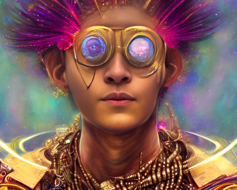 Futuristic goggles, purple headpiece, gold neck attire on cosmic background