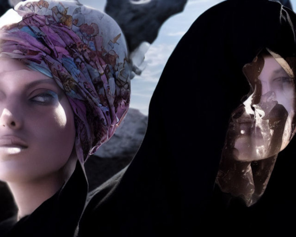 Mannequin heads with floral cap and hood on rocky terrain