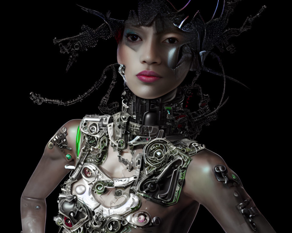 Female android with exposed mechanical parts and metallic patch, wearing headpiece