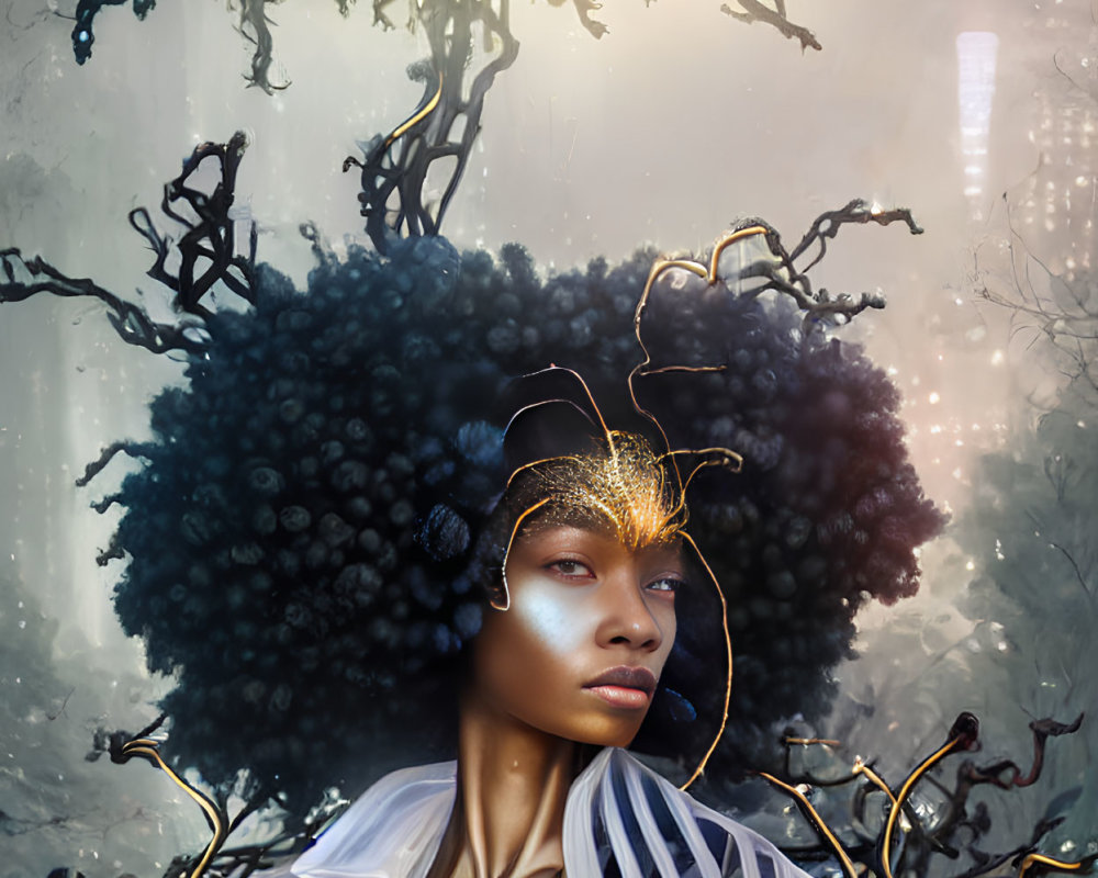 Surreal portrait of woman with afro in mystical forest