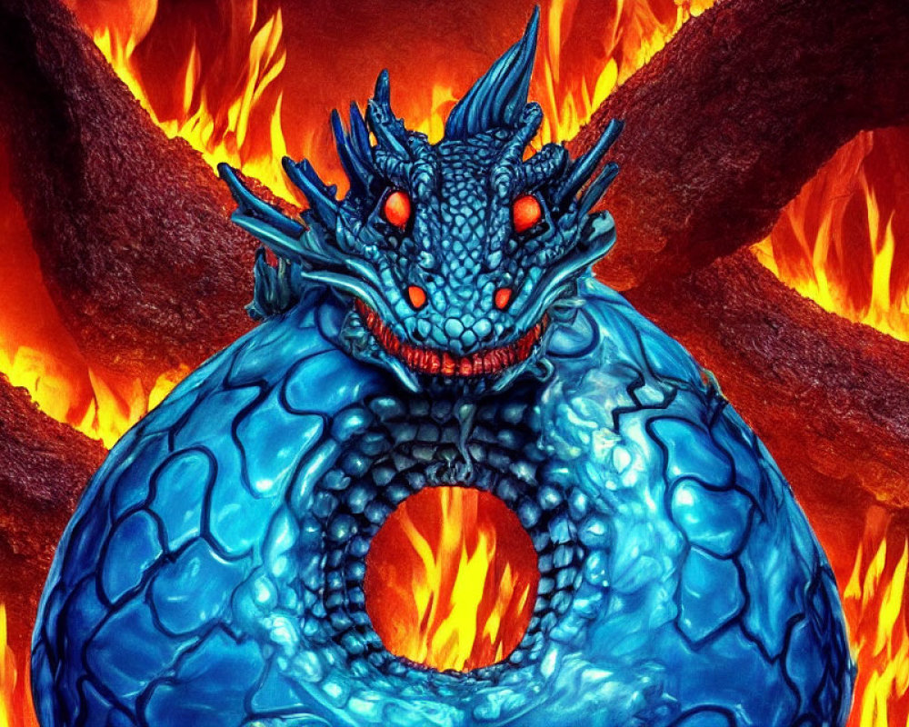 Blue Dragon with Red Eyes in Fiery Orange Flames