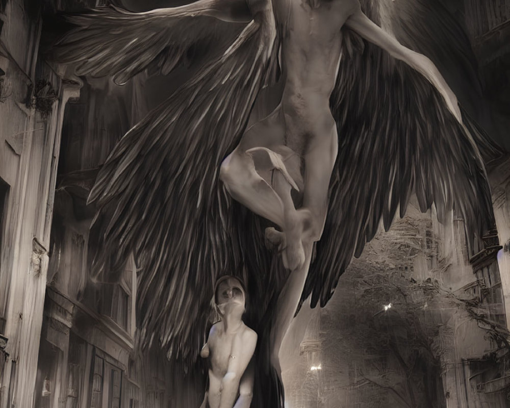 Dark angelic wings on nude figures in eerie street scene.