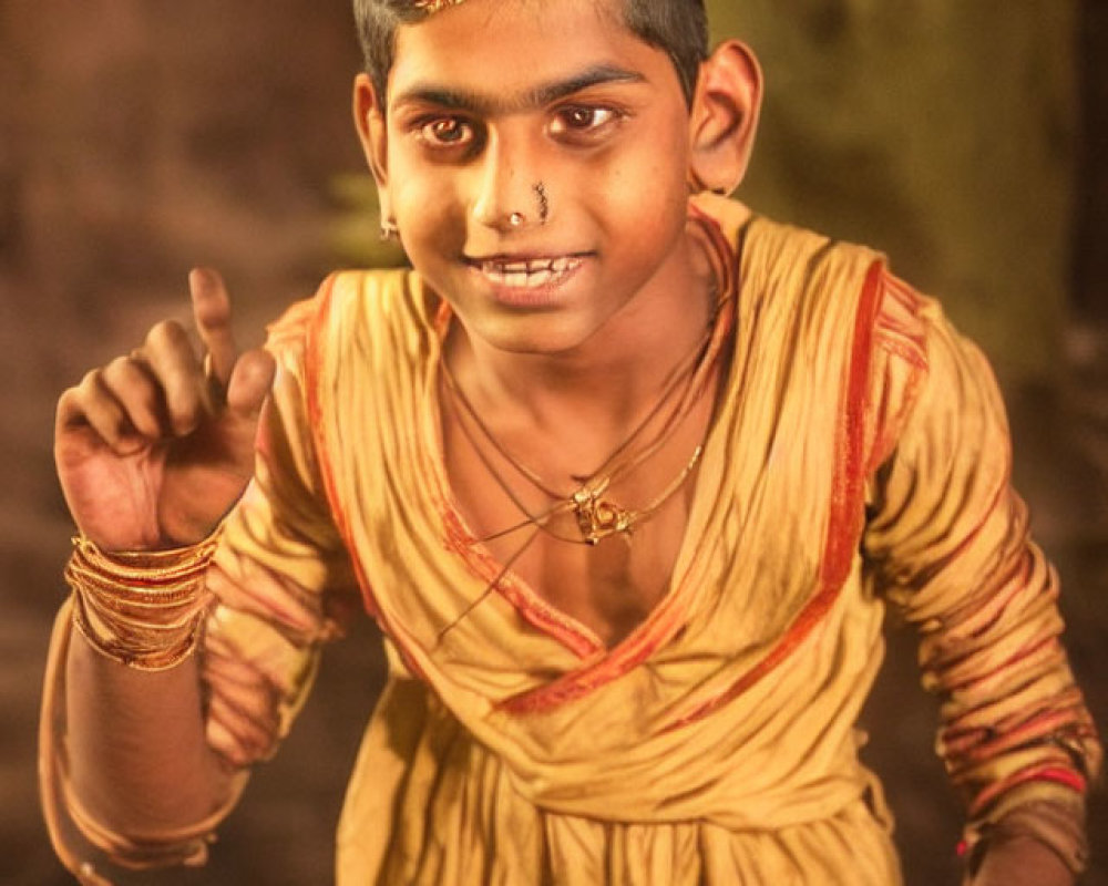 Child in traditional attire with red headband and nose ring smiling in soft lighting.