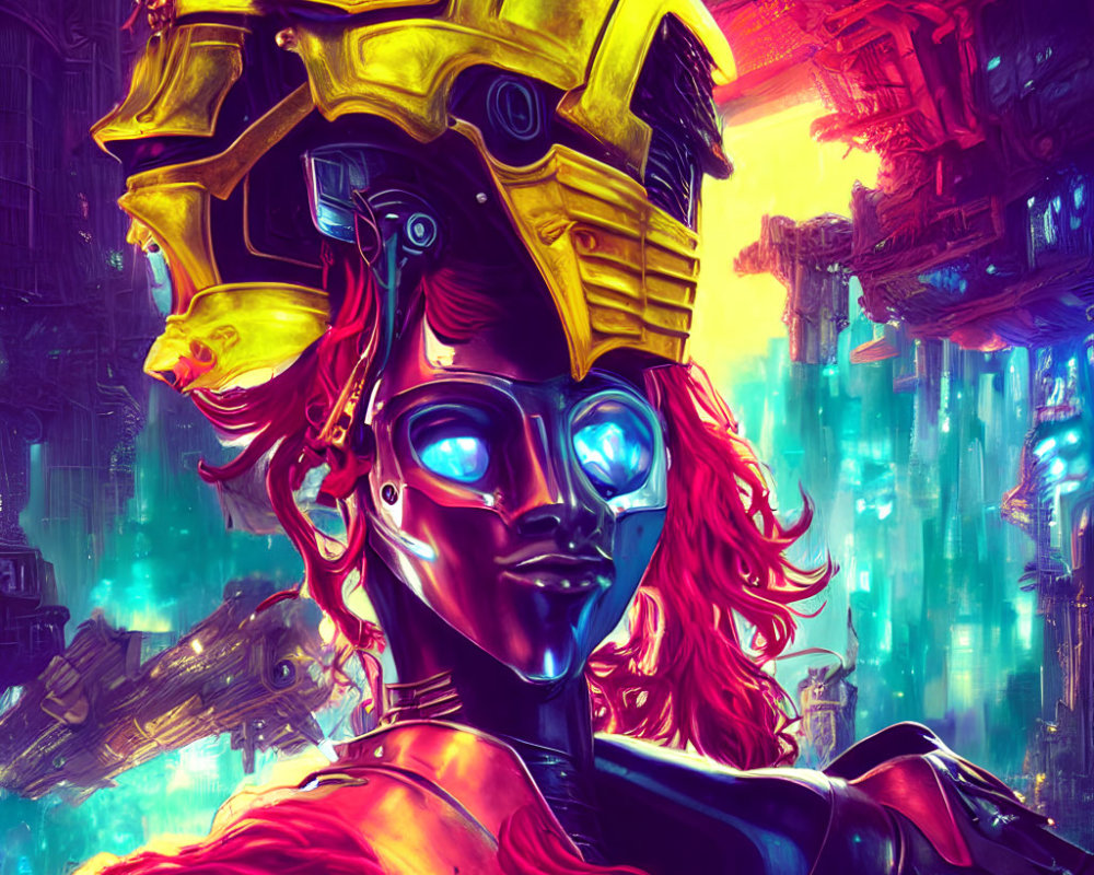 Futuristic cyberpunk woman with glowing blue eyes and red hair in yellow helmet, neon-lit