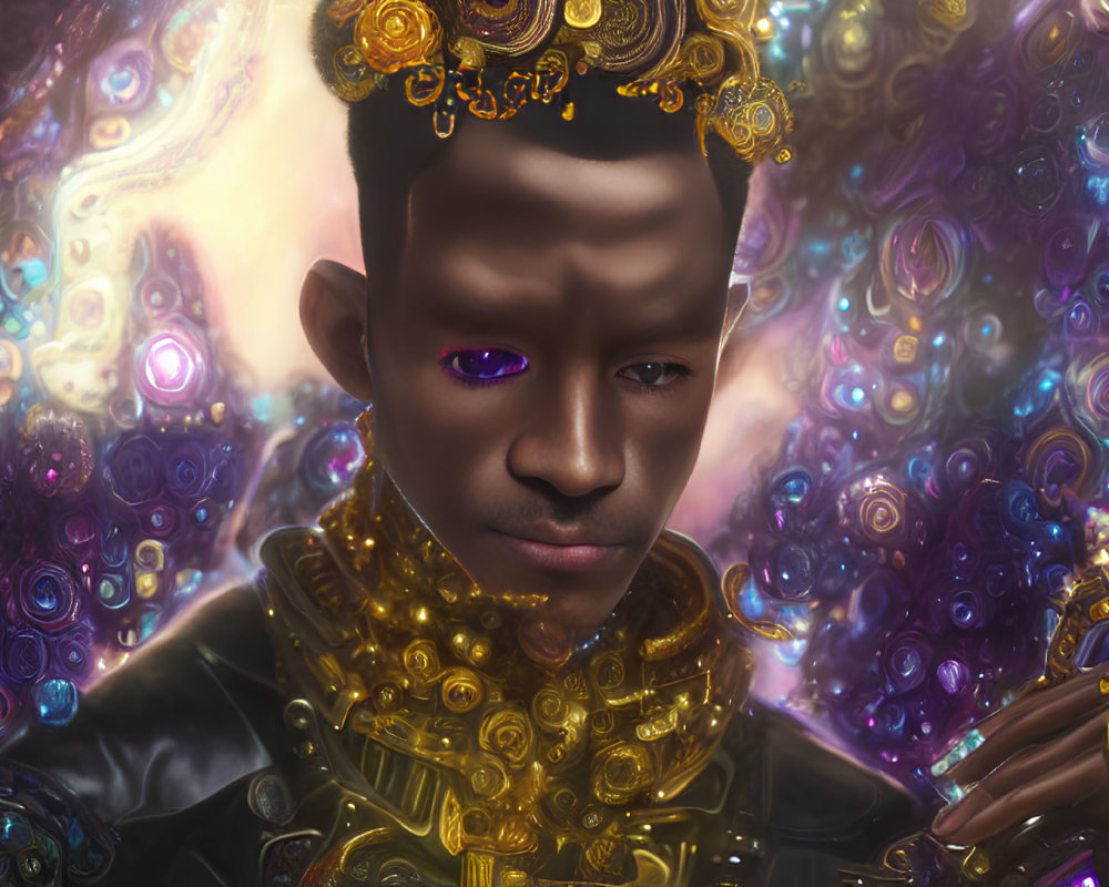 Digital art portrait featuring person with purple eyes in gold attire against cosmic backdrop