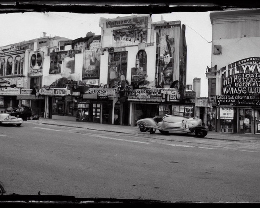 Vintage black and white photo of old cars and buildings in a street scene