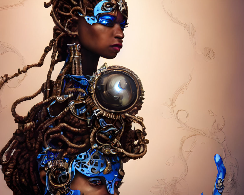 Character with cyberpunk style: blue mechanical parts, dreadlocks with blue highlights, circular eye lens